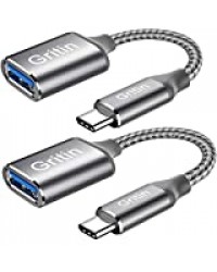 Gritin Adaptateur USB C vers USB 3.0 (OTG), [Lot de 2] Adaptateur USB C Mâle vers USB A Femelle Câble OTG Type C USB-A pour MacBook Pro, Galaxy S8/S9/S10, ChromeBook Pixel, Huawei P20/P30, etc.