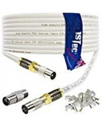 1STec 10m Câble de télévision numérique RG6 Blanc haute performance Avec adaptateurs coaxiaux mâles ou femelles et connecteurs de compression F Conçu pour la TV terrestre ou par satellite (10 mètres)