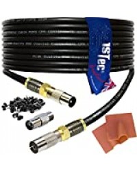 1STec 15m Câble de télévision numérique RG6 Noir haute performance Avec adaptateurs coaxiaux mâles ou femelles et connecteurs de compression F Conçu pour la TV terrestre ou par satellite (15 mètres)