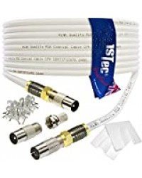 1STec 40m Câble de télévision numérique RG6 Blanc haute performance Avec adaptateurs coaxiaux mâles ou femelles et connecteurs de compression F Conçu pour la TV terrestre ou par satellite (40 mètres)