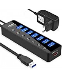 Atolla Hub USB 3.0 alimenté Multiprise, 7-Port Hub USB avec Commutateurs Individuels et 5V/4A 20W Adaptateur Alimentation