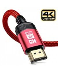 AviBrex Câble HDMI 2.0 4K ultra haut débit 18 Go/s Cordon tressé Prend en charge 4K @ 60Hz 2K @ 144Hz, vidéo UHD 2160p HD 1080p, 3D, HDCP 2.2, ARC, compatible avec Fire TV HDTV PS3 PS4 PC Rouge