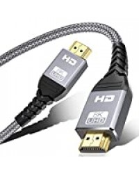 Câble HDMI 2.1 8K@60Hz - 2M, NEWDERY Câble HDMI 8K 7680 * 4320P | 4K@120Hz | Haute Vitesse 48 Gbps | Dolby Vision | HDR 10+ | eARC | HDCP 2.2, Supporte PS5 / PS4 / Xbox/HDTV/PC/Projecteur - Gris