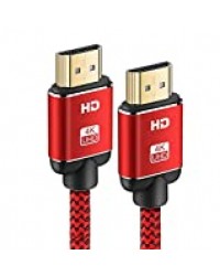 Câble HDMI 4K 2m(Rouge), Snowkids Haute Vitesse HDMI 2.0 18Gbps 4K@60Hz en Nylon tressé, connecteurs plaqués Or avec Canal arrière Ethernet/Audio, Compatible avec vidéo 4K UHD 2160p, HD 1080p