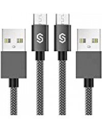 Câble Micro USB 2M Syncwire - [Lot de 2] 2.4A Câble Samsung Nylon Tressé pour Samsung Galaxy S7 Edge/S7/S6/S5/S4, Samsung Note, Huawei, Nexus, Kindle, LG, Sony, HTC, ASUS, Appareils Android – Gris