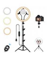 Cohotek 12'' Anneau Lumineux Selfie avec Trépied Réglable, 3 Couleur et 10 Luminosité, Caméra Vidéo LED Eclairage Kit avec 2 Supports de Téléphone, Lampe Maquillage, Ring Light pour Youtube/TikTok