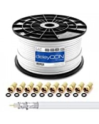 deleyCON 100m HQ Câble Coaxial Satellite Sat 130dB Blindé 4 Couches DVB-S DVB-S2 DVB-T DVB-C 4K 1080p Full HD HDTV + 10 Connecteurs F Plaqués Or