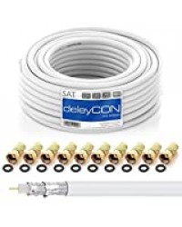 deleyCON 10m HQ Câble Coaxial Satellite Sat 130dB Blindé 4 Couches DVB-S DVB-S2 DVB-T DVB-C 4K 1080p Full HD HDTV + 10 Connecteurs F Plaqués Or