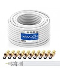 deleyCON 20m HQ Câble Coaxial Satellite Sat 130dB Blindé 4 Couches DVB-S DVB-S2 DVB-T DVB-C 4K 1080p Full HD HDTV + 10 Connecteurs F Plaqués Or