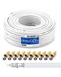 deleyCON 30m HQ Câble Coaxial Satellite Sat 130dB Blindé 4 Couches DVB-S DVB-S2 DVB-T DVB-C 4K 1080p Full HD HDTV + 10 Connecteurs F Plaqués Or