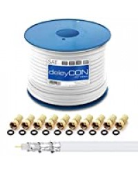 deleyCON 50m HQ+ Câble Coaxial Satellite Sat 135dB Blindé 5 Couches DVB-S DVB-S2 DVB-T DVB-C 4K 1080p Full HD HDTV + 10 Connecteurs F Plaqués Or