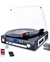 DIGITNOW! Tourne-Disque Bluetooth, Platine Vinyle 33/45/78 tr/min avec haut-parleurs intégrés, encodage du vinyle au MP3, encodage SD/USB, radio, cassette, entrée auxiliaire