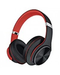 DOQAUS Casque Bluetooth sans Fil, 3 Modes EQ, Jusqu 52 Heures Pliable Casque Stéréo sans Fil Hi-FI,Protège-Oreilles Mous de Protéines,Microphone intégré ＆ Mode Filaire, pour PC/Phone/iPad(Noir Rouge)