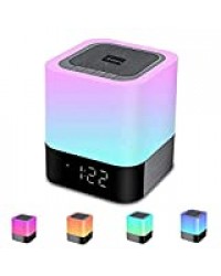 Enceinte Haut-parleur Bluetooth Portable Lampe de Chevet LED avec Contrôle Tactile, Lampe de Table Couleur Changeant la Lumière de Nuit avec le Réveil pour la Chambre