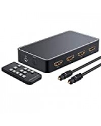 eSynic Boîtier de commutation de convertisseur audio HDMI 3 en 1 avec extracteur audio PIP et sortie audio optique TOSLINK SPDIF, prise télécommande 4K IR, 3D pour PS3, PS4, jeu HDTV avec prise UK