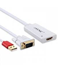 eSynic Convertisseur VGA vers HDMI Câble Adaptateur VGA HDMI USB Blanc Pour PC Ordinateur Portable DVD Blu ray vers HDTV Vidéo Projecteur Moniteur HD