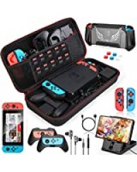 HEYSTOP Accessoires pour Nintendo Switch, Ultimate 16 en 1 Pack Protection Switch Housse, Coque de Commutateur, HD Protection écran, Grips Joy-Con, Playstand, Câble Type C, écouteur, 6 Thumb Grip