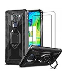 IMBZBK Coque pour Xiaomi Redmi Note 9 + [2 Pack] Verre Trempé Xiaomi Redmi Note 9 Protection écran, [Béquille à Bague de Rotation à 360 degrés][Military Grade Anti-Chute] TPU Souple en Silicone-Noir