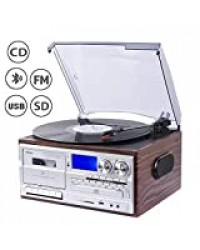 JORLAI 33/45/78 Platine Vinyle avec fonctions Bluetooth, PLL, Radio FM/AM, Lecteurs CD/MP3/Cassettes, Enregistrement USB/SD, Entrée AUX 3.5 mm