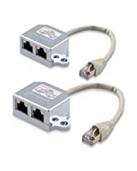 kwmobile 2X Dédoubleur câble réseau - Répartiteur Cat. 5e RJ45 fiche Alimentation Ethernet - Distributeur T vers 1x RJ45 réseau LAN et 1x ISDN