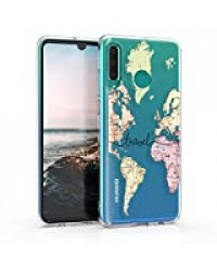 kwmobile Coque Compatible avec Huawei P30 Lite - Housse Protectrice pour Téléphone en Silicone Carte du Monde Voyage Noir-Multicolore-Transparent