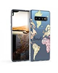 kwmobile Coque Compatible avec Samsung Galaxy S10 - Housse Protectrice pour Téléphone en Silicone Carte du Monde Voyage Noir-Multicolore-Transparent