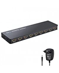 LiNKFOR 4K @ 30Hz 3D HDMI Splitter Répartiteur 1 Entrée 8 Sorties avec Adaptateur Secteur 5V 1A Distributeur HDMI 1X8 Boîte de Ports UHD HDCP 1.2 pour Projecteur HDTV Lecteur PC Blu-Ray STB PS3