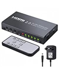 LiNKFOR HDMI Switch 2.0 4K@60Hz HDR Prise en Charge de HDMI Audio Extractor 2x1 avec Contrôle Infrarouge Support HDR YUV HDMI Convertisseur Audio 4:4:4 pour Blu-Ray Xbox One X PS4 Pro Projecteur HDTV