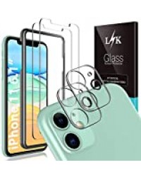 LϟK 4 Pièces Protection Écran Compatible avec iPhone 11 6.1 Pouce avec 2 Pièces Verre Trempé + 2 Pièces Caméra Arrière Protecteur - sans Bulles 9H Dureté Film Protection