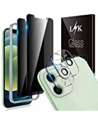 LϟK 4 Pièces Protection Écran Compatible avec Iphone 12 6,1 Pouces avec 2 Pièces Privé Verre Trempé + 2 Pièces Caméra Arrière Protecteur - sans Bulles et Protection de la Vie Privée