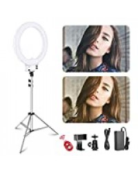 Neewer 18 pouces/48 cm Anneau Lumière LED Blanc avec Pied d'Eclairage Argenté, Ring Light Régalble 42W 3200-5600K avec Filtre, Monture Sabot, Porte-Smartphone pour Maquillage Tournage Vidéo