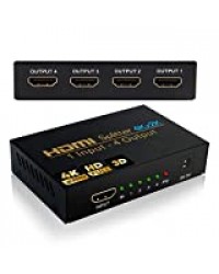 NIERBO Splitter HDMI 4K Répartiteur HDMI 4 Sorties Distributeur HDMI Soutien 4K 1080P 3D Compatible pour Xbox PS3 PS4 Blu-Ray TV Chromecast DVD Récepteur Satellite et Autres Périphériques HDMI