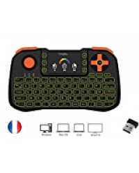 Ovegna Z10 : Mini Clavier 4 en 1 (Souris, Clavier, Télécommande et Manette), AZERTY, 2.4Ghz sans Fil, avec Touchpad, pour Smart TV, Mac, PC, Mini PC,Raspberry PI 2/3, Consoles et Android Box