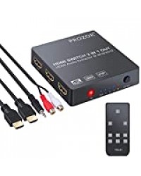 PROZOR Convertisseur HDMI 4K HDMI Commutateur 3x1 Extracteur Audio analogique Optique Toslink SPDIF 3.5 mm Sortie Support 4k 3D 1080p PIP avec télécommande IR Cable HDMI Cable de Charge USB