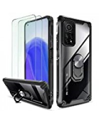 QHOHQ Coque pour Xiaomi Mi 10T/Mi 10T Pro 5G avec 2 Pièces Protection écran,[360° Support Rotatif] [5 Fois Qualité Militaire Anti-Chute Protection],Dos Transparent du PC Dur,Bord TPU Souple-Noir