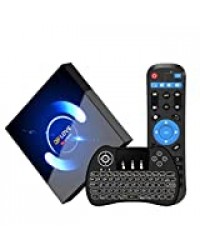 QPLOVE Android 10.0 TV Box【4G+64G】，avec Mini Clavier Touchpad H616 6K 3D H.265 Android TV Box Bluetooth 5.0, 64bit Cortex-A53/ Wi-FI 2.4G/5G+ LAN 100M /6K UHD/Boitier Android TV