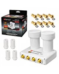 QUAD Monobloc LNB 0,1dB Double LNC HB DIGITAL SET 4 participants Direct 2 Sat Astra 19,2° Hotbird 13° FULL HD TV 3D Ultra HD 4K + 4 x œillets en caoutchouc + 8 x F-plug plaqué or GRATUIT