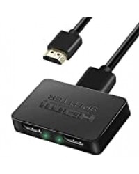 Splitter HDMI 1 en 2 sorties, répartiteur HDMI 4K pour deux écrans, 1 répartiteur HDMI 1 à 2 amplificateur pour Full HD 1080p 3D Livré avec câble HDMI haute vitesse