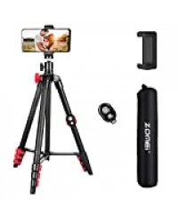 Sunfoto Trépied Appareil Photo 53 inch 135cm Aluminium Léger Trepied avec Télécommande Bluetooth, Porte-téléphone et Adaptateur pour Smartphone, DSLR Caméra Noir