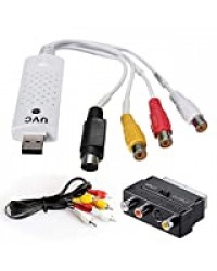 Tech Stor3 Numériseur audio/video USB 2.0 version 2020 + adaptateur péritel + câbles RCA, compatible avec Windows 10, VHS, carte d'acquisition vidéo USB, Hi8 grabber