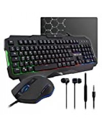 THE G-LAB Combo HELIUM - Ensemble Gaming 4 en 1 - Clavier Gamer AZERTY Rétroéclairé, Souris Gamer 3200 DPI, Écouteurs Intra-Auriculaires, Tapis de Souris Antidérapant - Pack Gamer PC PS4 Xbox One Mac