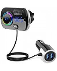 Transmetteur FM Bluetooth 5.0 Adaptateur Radio sans Fil Kit de Voiture Mains Libres, QC3.0 et 5V/2.4A Chargeur Rapid Voiture 2 Ports USB Lumière Colorée Support Siri TF Card Port Audio 3,5mm- Noir