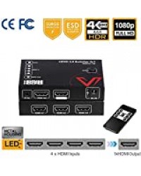 UltraHD HDMI 2.0 Switch HDR HDCP 2.2, 4K@60Hz/30Hz 4:4:4 1080P@120Hz Selector IR Remote (4 in to 1 Out), 18Gbps 4 Port Switcher Splitter Powered, 3D, Multi HDMI Hubs Support PS4 Xbox One Series