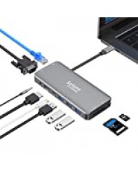 USB C Hub, Adaptateur Multiport 10-en-1 vers HDMI 4K et VGA, Port Charge PD 100W, Ethernet RJ45, Lecture de Carte SD/TF, Ports USB 3.0, Audio 3.5mm pour MacBook Pro/Air 2020/Tablette USB Type C