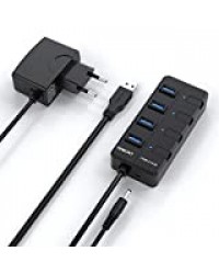 VEMONT Hub USB ,4 Ports USB 3.0 Hub avec des commutateurs individuels LED avec adaptateur d'alimentation Câble long de 1,2 m pour Apple MacBook Air/ Pro/iMac/MacPro/Ordinateurs et Ultrabooks Windows